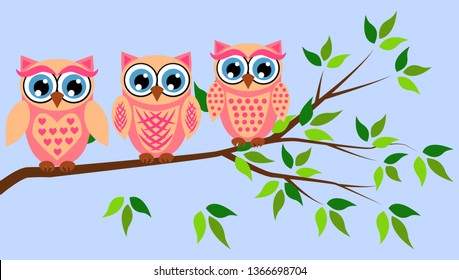 Three cute owls with big eyes in a trendy coral color on a blossoming tree branch, design, spring concept