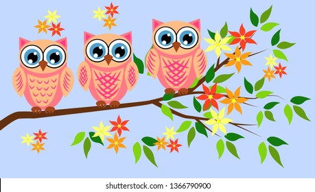 Three cute owls with big eyes in a trendy coral color on a blossoming tree branch, design, spring concept