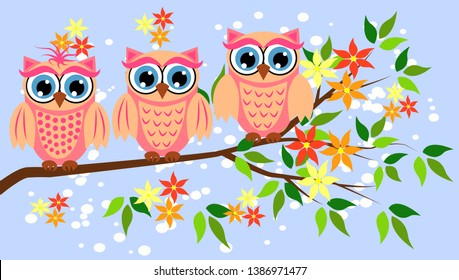 Three cute owls with big eyes in a trendy coral color on a blossoming tree branch, design, spring concept