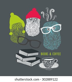 Three cute owls with books and cup of coffee. Vector print in retro style.
