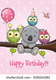 Three Cute Owls and Koala on a branch with balloon and bonnets