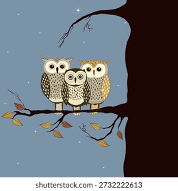 Three cute owls on a branch at night