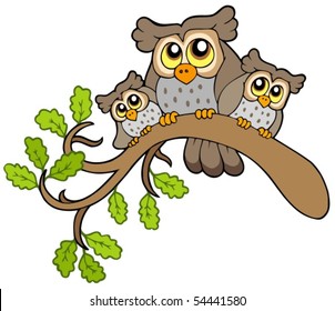 Three cute owls on branch - vector illustration.