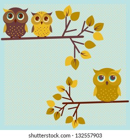 Three cute owls on the tree