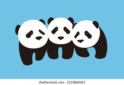 three cute panda babies standing together, flat design, vector
