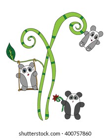 Three cute panda on the bamboo tree on the white background. Vector illustration.