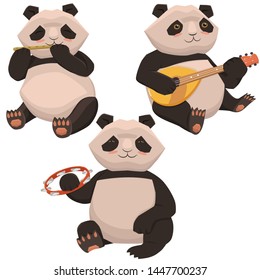 Three cute pandas playing musical instruments. Isolates on a white background. Vector graphics.