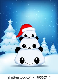Three cute pandas wishing a merry christmas greeting card