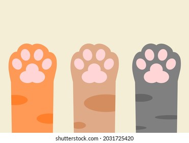 Three cute paws up cat pet orange brown and black leg cats flat vector icon.