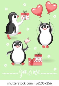 Three cute penguin with red balloons in the shape of a heart and gift boxes. Vector children's illustration.