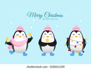 Tres lindos pingüinos con guirnaldas de Año Nuevo deseando Feliz Navidad