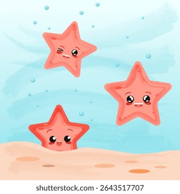 three cute pink starfish in the ocean with different emotions of joy, laughter, and fun vector children's illustration