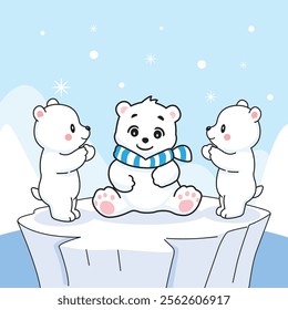 Three cute polar bears playing on the ice