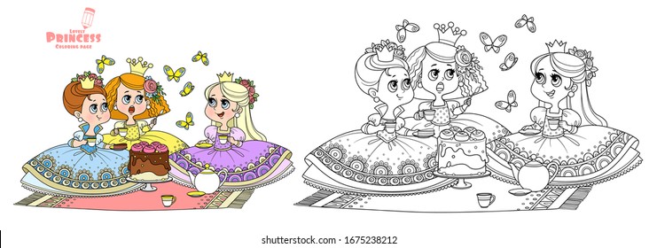 Three cute princesses sitting on the bedspread and having tea party outlined and color for coloring book