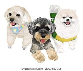 Arte vectorial de tres adorables cachorros 