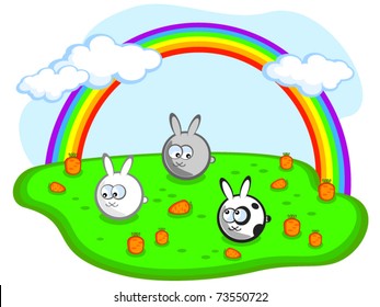 Three cute rabbit in a meadow with carrots. Rainbow in the sky. Vector. Child.