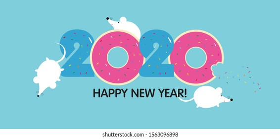 Three cute rats and number 2020 from the donuts with glaze. Funny white cartoon rats or mouses. Symbol of the year. Sweet New year and Christmas. Year Of The Rat 2020. Holiday greeting card. EPS 10.