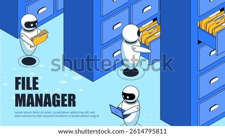 Three cute robots managing file folders and using a laptop in a digital office with blue cabinets on a light blue background. Concept of digital file management. Vector illustration