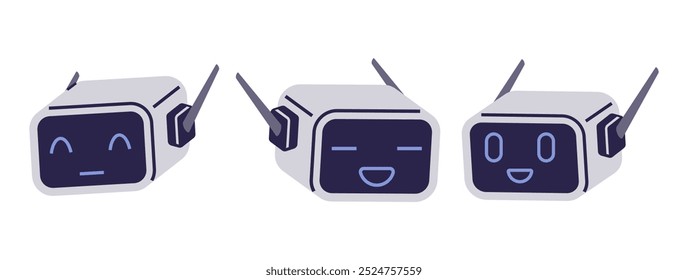 Três robôs bonitos são mostrados com expressões faciais variadas. Um tem um rosto neutro, o outro está sorrindo com os olhos fechados, e o outro está sorrindo alegremente. Ideal para tecnologia, robótica, temas de IA, usuário