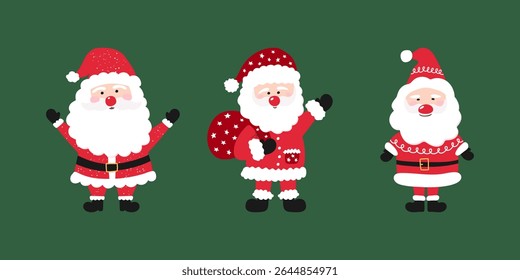 Three cute Santa Claus characters in red suits with white beards. Christmas holiday, funny vector illustration. Vector.