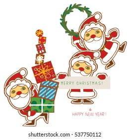 Three cute Santa Claus congratulate. Text "Merry Christmas & Happy New Year!". Many present`s boxes in hand. Cute cartoon card or cover. Hand drawn modern flat style. Isolated white background.