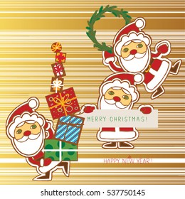Three cute Santa Claus congratulate. Text "Merry Christmas & Happy New Year!". Many present`s boxes on ground. Cute cartoon card or cover. Hand drawn modern flat style. Gold striped background