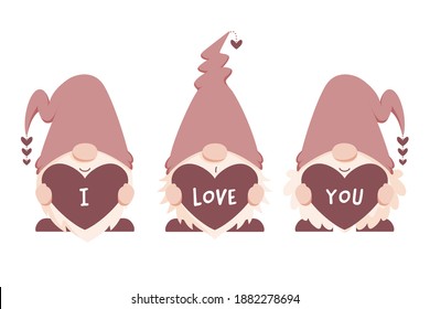 Three cute Scandinavian gnomes holding heart with "I Love You" message. Love themed gnome illustrations in earth tone, muted pastel colors. Flat vector illustration isolated on white background.