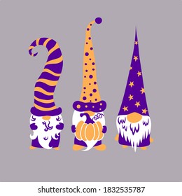 Three cute scandinavian halloween gnomes holding pumpkin isolated on grey background. Flat hand drawn vector illustration. 