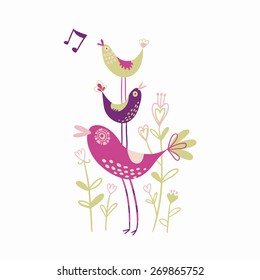 Three cute singing birds. Vector postcard.