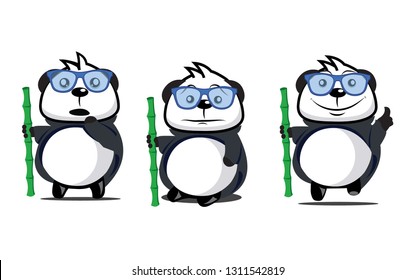 Three cute smart panda bears with different expressions wearing glasses