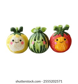 Three cute, smiling fruit characters in vibrant colors and playful designs.