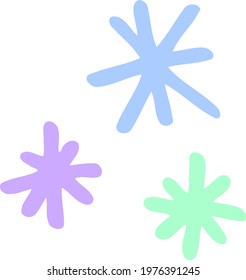 Three cute snowflakes. Cartoon colored flake of snow to fill space of kids patterns and templates. Vector modern design assets. Group of hand-drawn abstract elements for baby winter illustrations. 