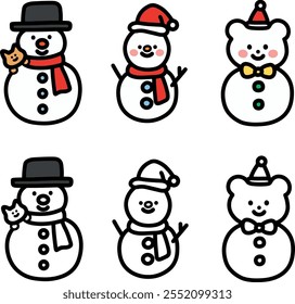 Three cute snowmen for Christmas. Simple and simple icons, characters and pictures with thick black lines. Vector.