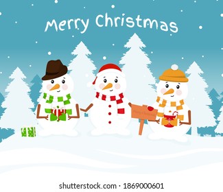 Three cute snowmen. Snigoviks are depicted in knitted scarves and hats with gifts outdoors against a background of white Christmas trees. Vector illustration