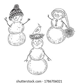 Three cute snowmen. Vector. Christmas holiday characters. Perfect for design of cards, invitations, coloring book, stickers.