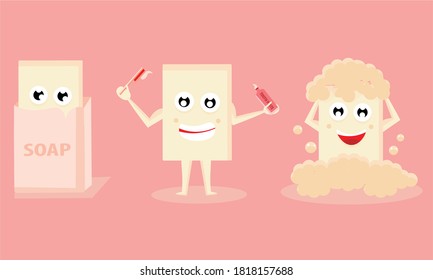 three cute soap characters. Soap cartoon asset for children's health product illustration. vector based design.