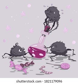 Three cute spiders want to celebrate Halloween night. They want to open a mysterious bottle to taste the treats , Vector illustration.
