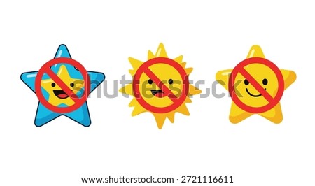 Three cute star and sun character icons with a red circle and slash prohibition symbol indicating a negative or restricted state.