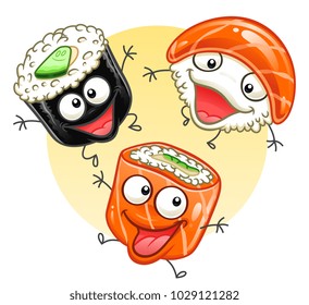 Three cute sushi cartoon characters. Japanese traditional food. 