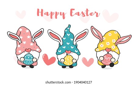 Three Cute sweet Easter Bunny gnome with rabbit ears, Happy Easter cartoon vector banner