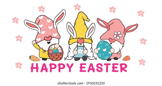 Three Cute sweet Easter Bunny gnome with rabbit ears, Happy Easter cartoon vector banner