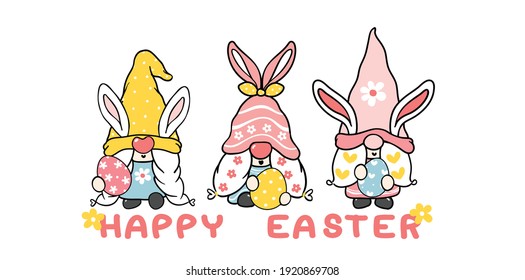 Three Cute sweet Easter Bunny gnome with rabbit ears, Happy Easter cartoon vector banner