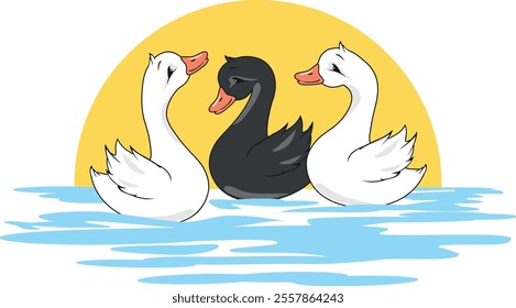 Three cute swimming baby swans. Vector