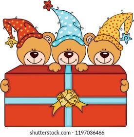 Three cute teddy bears with big red gift box