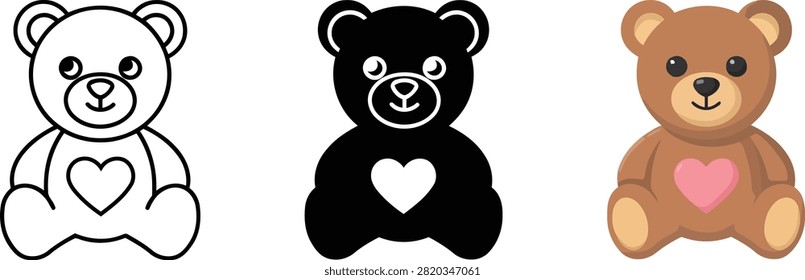 Three cute teddy bears with heart symbols sitting isolated on transparent background