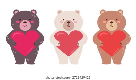 Tres lindos osos de peluche sosteniendo un gran corazón rojo en sus patas. Vector plano dibujado a mano ilustraciones románticas.