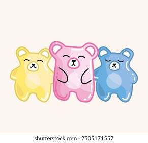 Three Cute teddy bears jelly or candy style, bright pastel color bears set, friends children. Trendy Design for poster, web or banner. Simple Toys animal