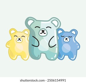 Tres lindos ositos de peluche estilo jalea o caramelo, conjunto de osos de colores pastel brillantes, amigos y niños. Diseño de moda para cartel, Web o Anuncio. Simple Toys animal