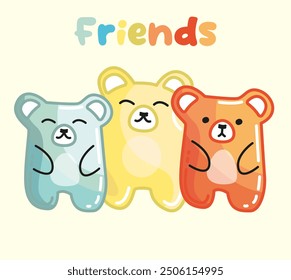 Three Cute teddy bears jelly or candy style, bright pastel color bears set, friends Postcard. Trendy Design for poster, web or banner. Simple Toys animal