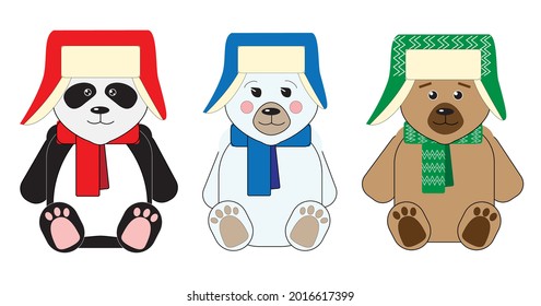 Three cute teddy bears: teddy, panda and polar bear, sitting in hats with earflaps and scarves